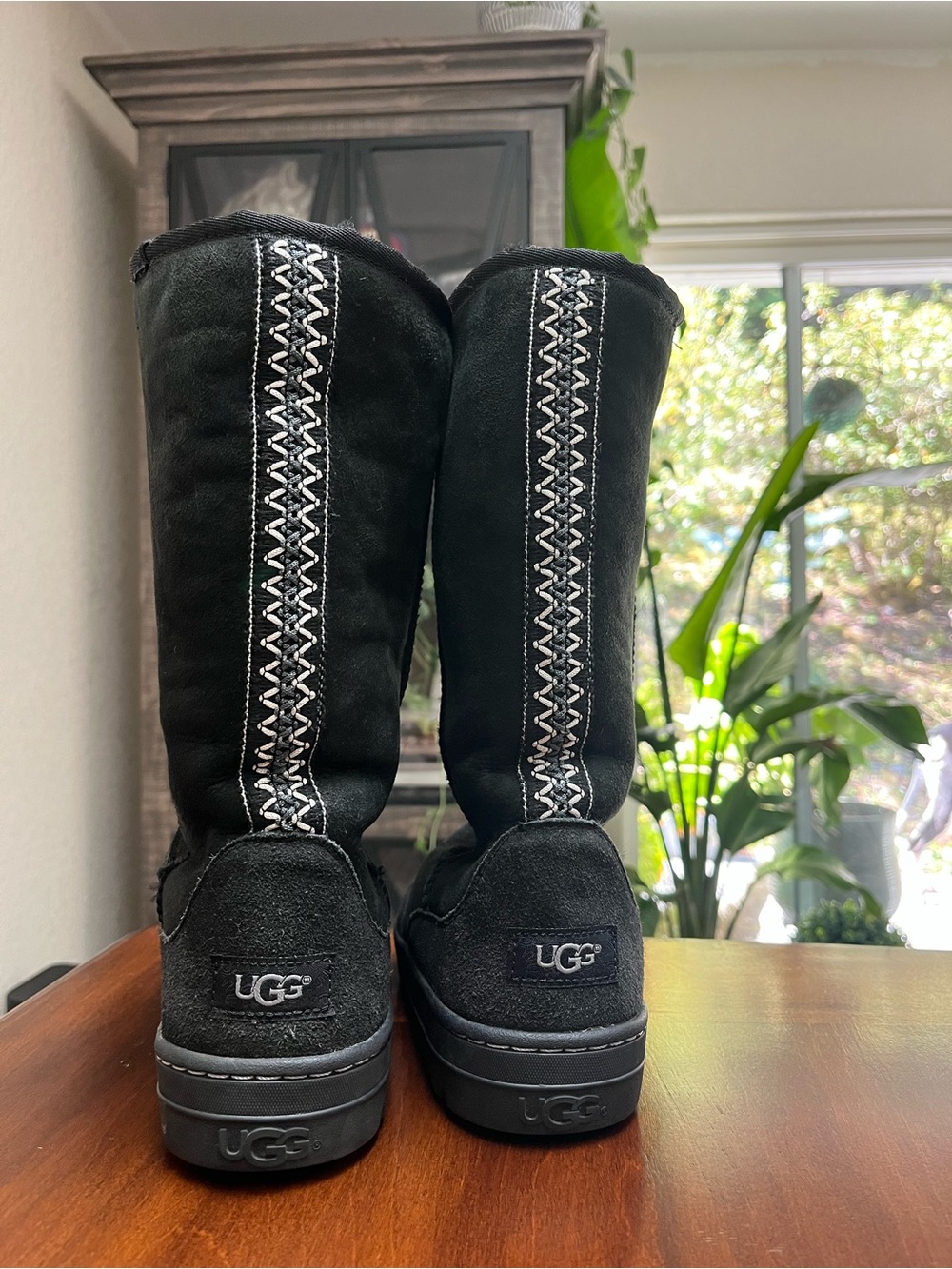 Size 8 UGG Black Tall Boots with White Braided Detail/ Rubber Sole